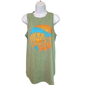 Womens Graphic Tank Top Large Green Here Comes The Sun Beach Y2K Coconut Girl